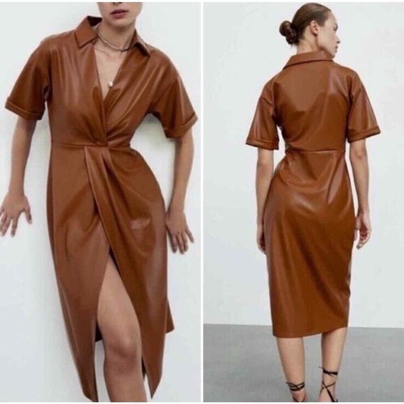 NWOT ZARA FAUX LEATHER SHIRT DRESS MIDI BROWN MEDIUM - Picture 1 of 13